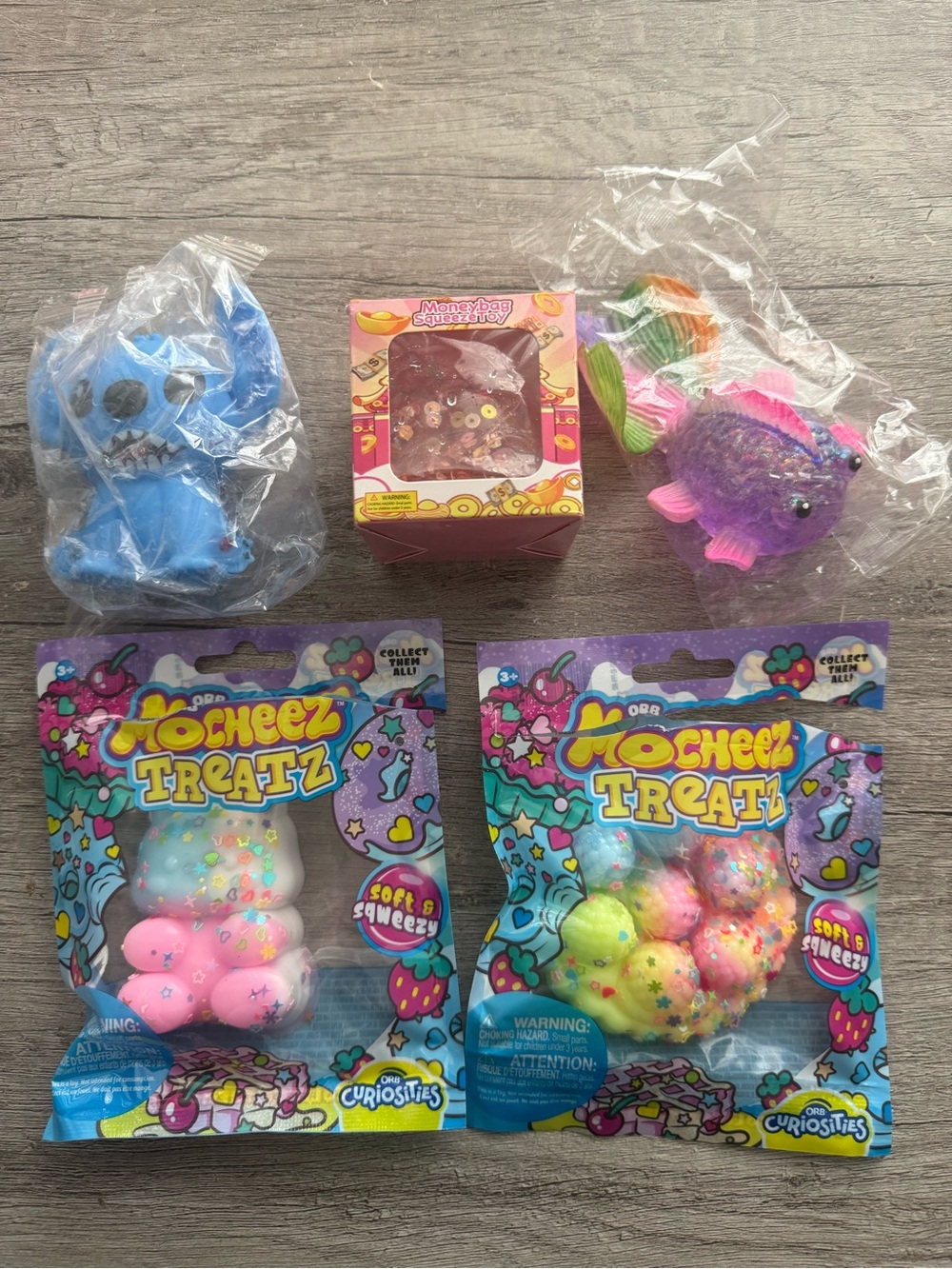 New Bundle 5 Squishy Mocheez Treatz Bunny Cake Disney Stitch Money bag Pink Fish